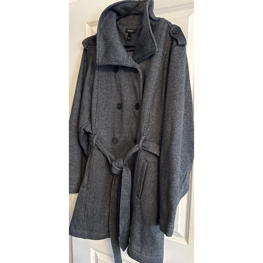 Torrid Gray‎ Herringbone Coat Jacket Double Breasted Tie Sash Epaulettes Size 5